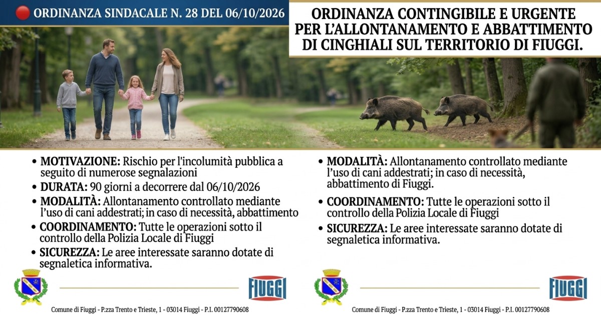 FIUGGI 🔴 ORDINANZA SINDACALE N. 28 DEL 06/10/2026: DISPOSIZIONI PER IL CONTENIMENTO E L'ALLONTANAMENTO DEI CINGHIALI SUL TERRITORIO COMUNALE
