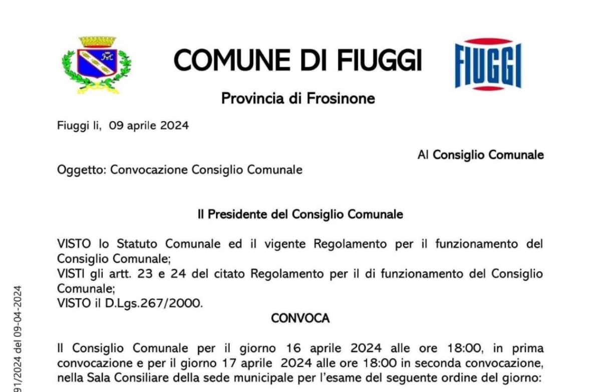 CONVOCATO IL CONSIGLIO COMUNALE di FIUGGI PER IL GIORNO 16 APRILE 2024 ALLE ORE 18.